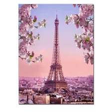 Pink Blossoming Paris Eiffel Tower Street Living Room Wall Art Landscape Canv...
