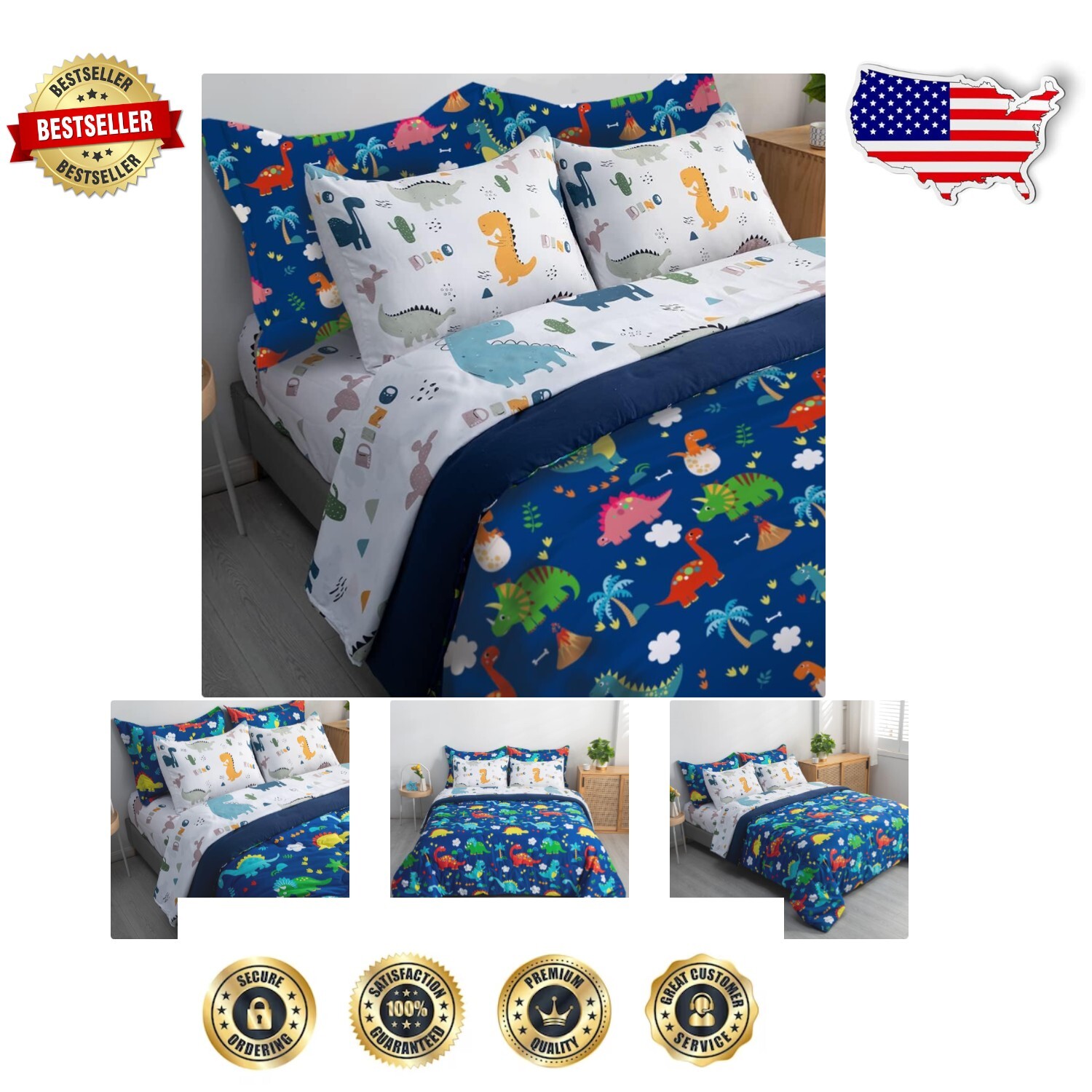 Interactive 7-Piece Kids Dinosaur Comforter Set - Perfect for Play & Sleep