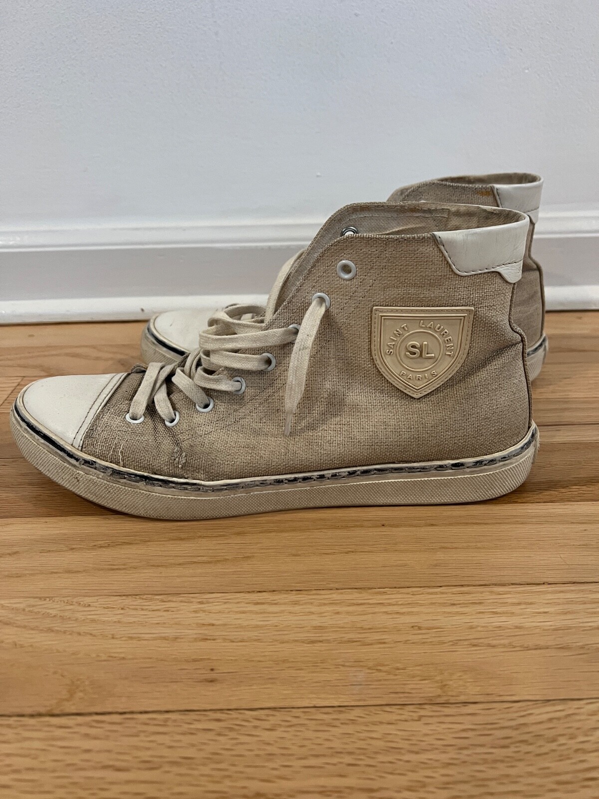 Scarpe sneakers alte Saint Laurent tela Bedford effetto vintage bianche 42