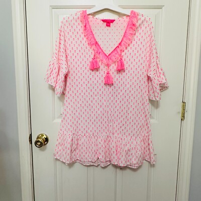 EUC LILLY PULITZER PINK AND WHITE TASSEL FRINGE PEPLUM BOTTOM TUNIC BLOUSE SMALL