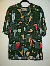 Paradise Found Black Multi Retro Cocktail Print Hawaiian Shirt Size XL