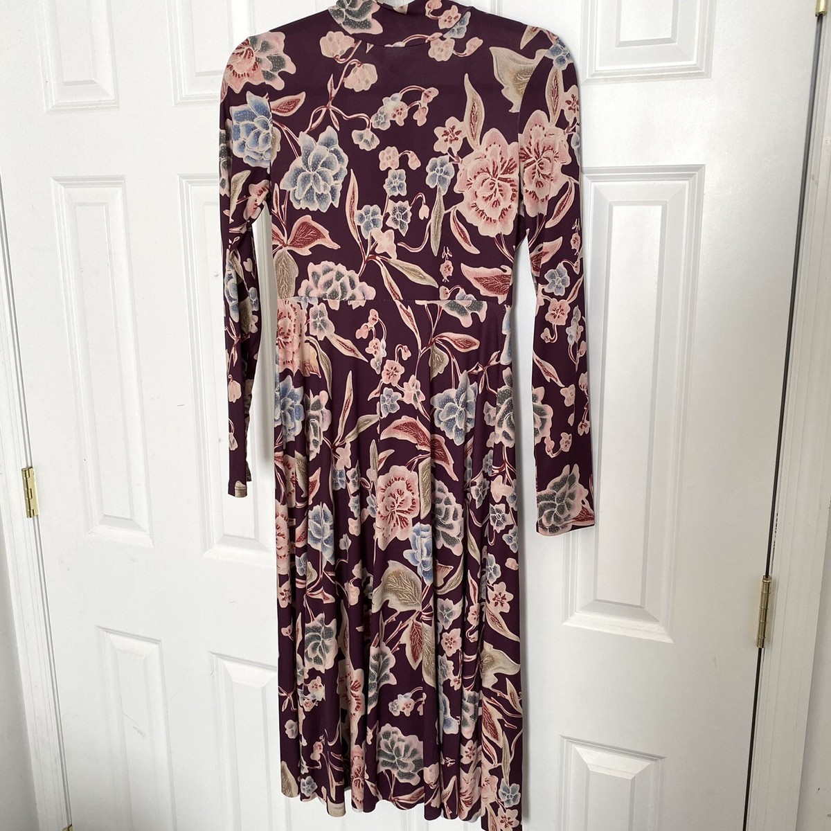 Zara Wine Floral Print Knit Dress with Open Back Mock Neck Size M Zara Wine Floral Print Knit Dress with Open Back Mock Neck Size M