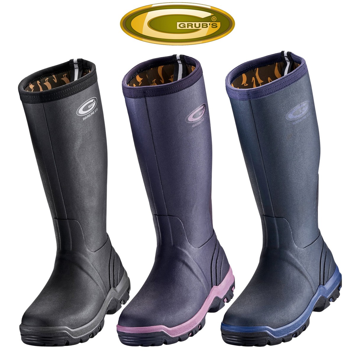 Grubs Womens Full Rubber Wellies Wellington Boots Rainline Black Blue  Purple