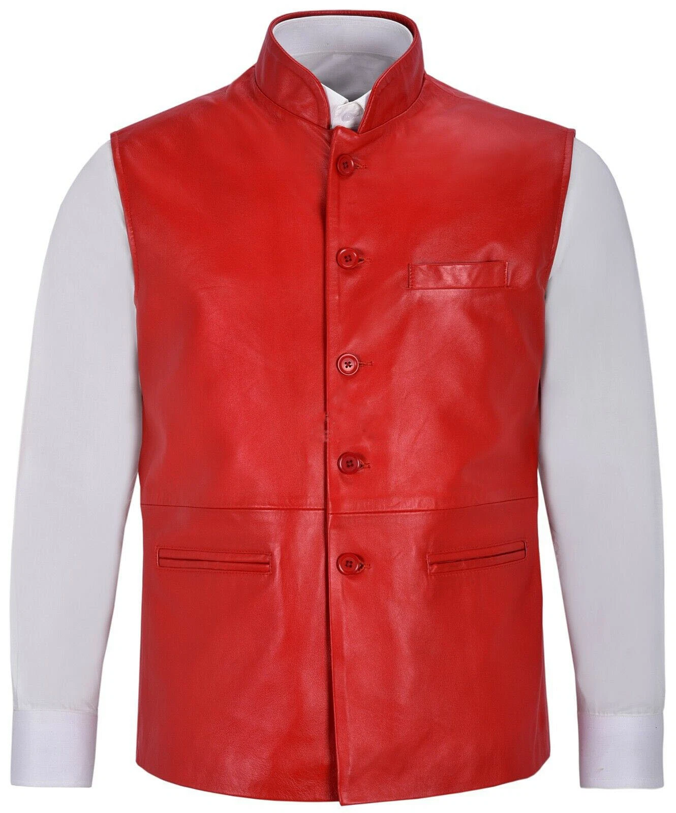 Men's Genuine RED Lambskin Leather Waistcoat Western Style Causal Vest Coat
