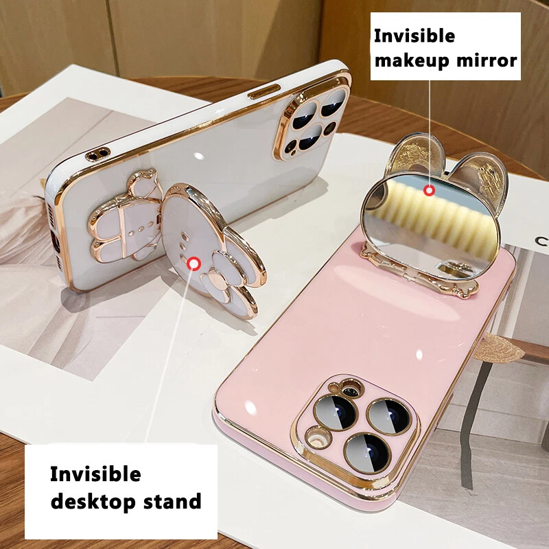 For iPhone 14 Pro Max 13 12 11 XS XR Cartoon Rabbit Invisible Mirror Stand Case - Image 3 of 4