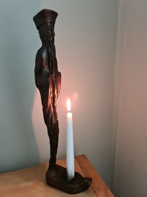 Black Forest Candle stand Rare Wood Hand Carved Monastery Monk Goth Rare Antique