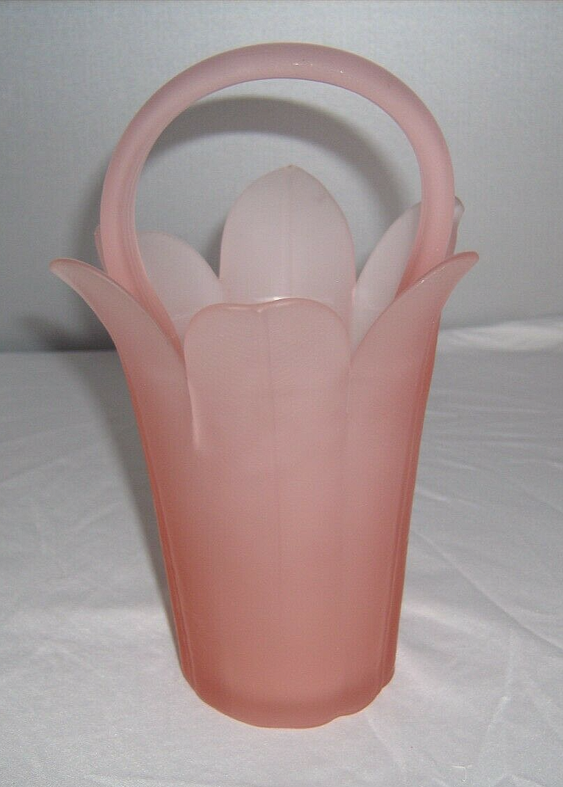 Vtg Mikasa Handcrafted Pink Satin Frosted Glass Tulip Basket Vase w