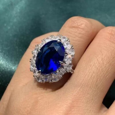 9 ctw Created Oval Cut Sapphire & Diamond Engagement Ring 14k White Gold Plated