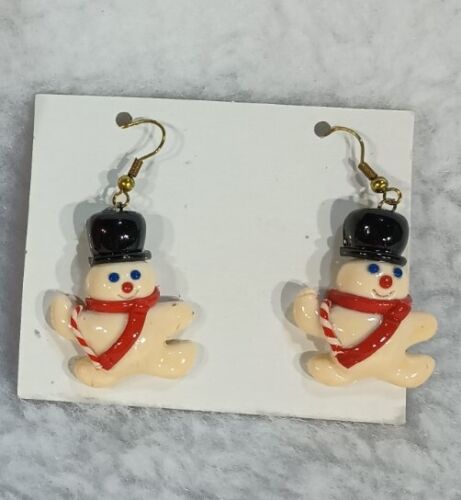 Snowman Earrings Gold Plate Hoops 2" - Picture 1 of 9