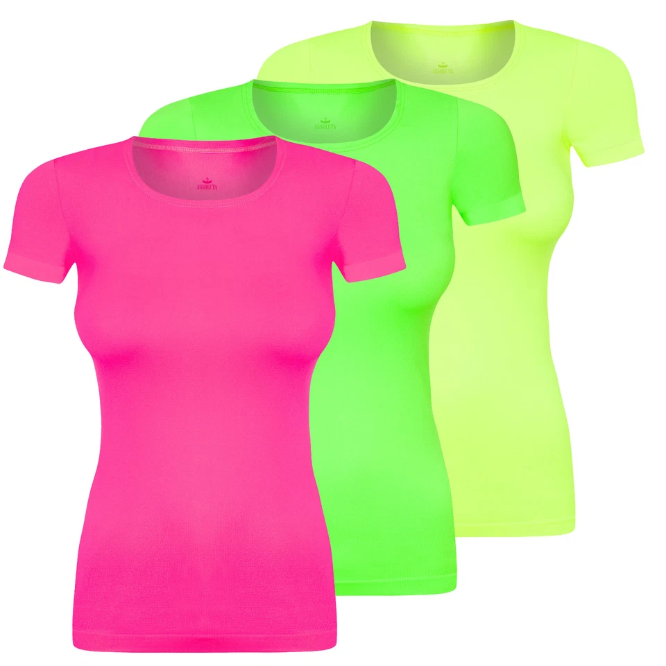 Assoluta Damen Sport T-Shirt kurzarm in neon Farben grün orange pink gelb
