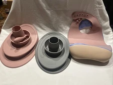 Ez Pz Cup Bowls Plates & Silicone Bibs! Pink & Grey - 7 Pieces!! 2 Cups 1 Spoon