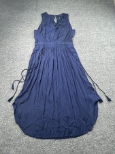 Tahari Women’s Navy Blue Sleeveless Maxi Dress L V-Neck Elastic Waist Tassel Tie