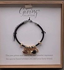 NIB Demdaco Black Leather Bracelet Giving Collection Hearts/Paws Silver/Gold Dog