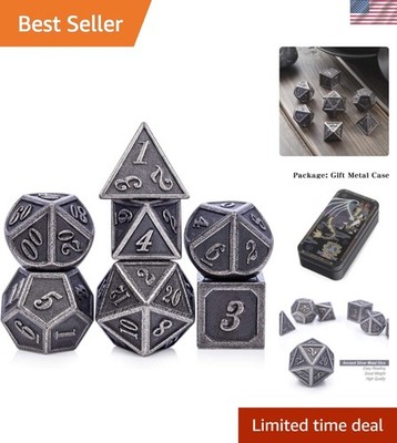 Durable Ancient Silver DND Dice Set - 7 PCS with Metal Storage Case Included