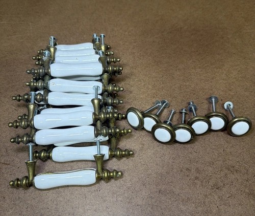 VTG Lot of 19 Brass White Ceramic Drawer Pulls & 7 Knobs USED!