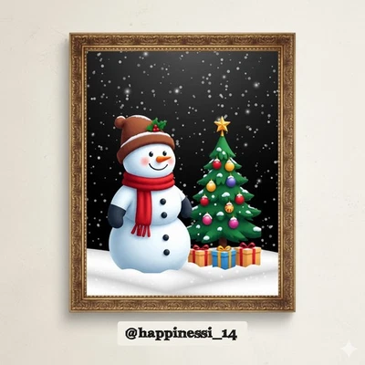 HAPPINESS_14 Cute Snowman & Christmas Tree Digital Art Print Kids Holiday Wall Decor Download