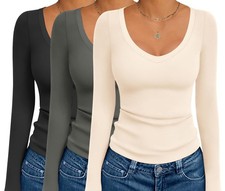 3 Pack Long Sleeve Shirts for Women Deep V Neck Basic Thermal Tops Base Layer...