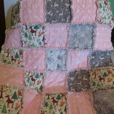 Flannel Rag Quilt With Batting, Stroller Size 35 x 35, Winter Snowflakes, Deer