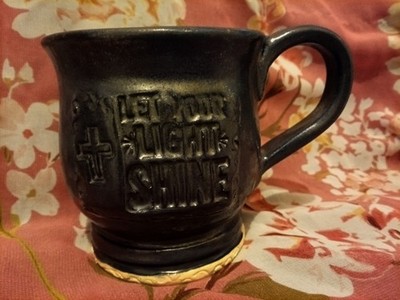 Handmade Dark Blue Ceramic Mug ''Let Your Light Shine'' Religious Pottery