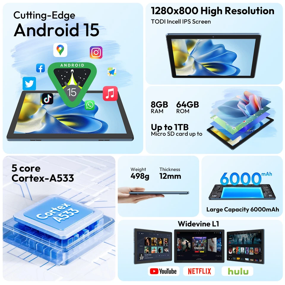 Tablet 10 Zoll Android 15: 2025 Neueste 6000mah Penta-Core 8GB RAM+64GB 1TB TF - Bild 2 von 4