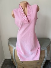 Talbots Ruffle-Neck Sheath Dress Pink Stripe sz 8 M Barbie Mob Wife Coastal Soft