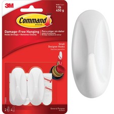 Command Small Designer Hook, White, 2 Hooks, 4 Strips 17082ES-2PK Command 2.46 per strip