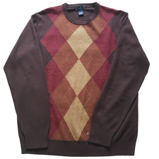 Dockers Sweater Mens Large Brown Crew Neck Jumper Argyle/Diamond