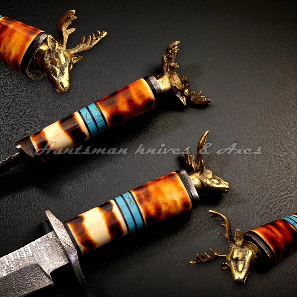 Forja manual feita sob medida aço damasco bronze veado BOWIE com cabo turquesa e osso - Imagem 2 de 4