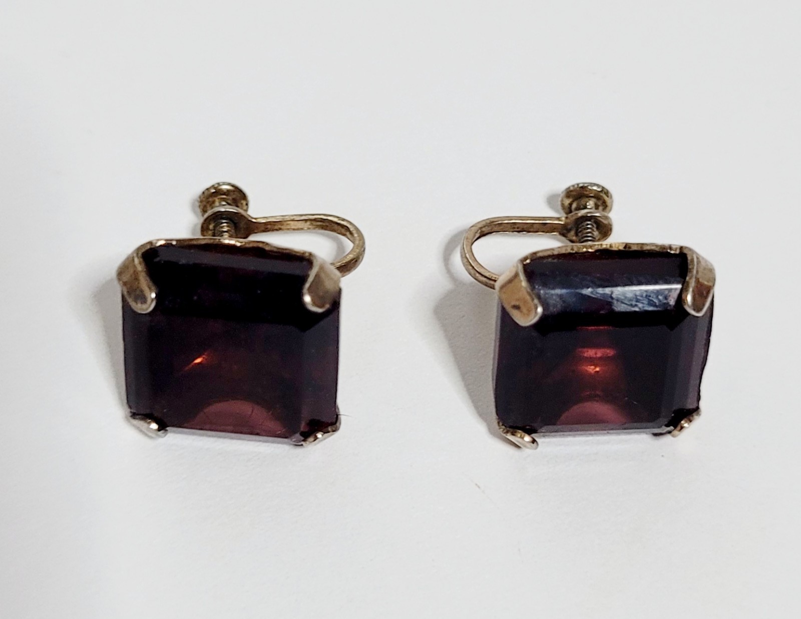Vintage Amethyst Glass Emerald Cut Earrings Screw Back Marked Sterling.