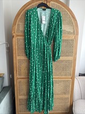 Next Maxi Dress Tiered Wrap Waist Green Polka Dots Size 12 L Puff Sleeve Viscose