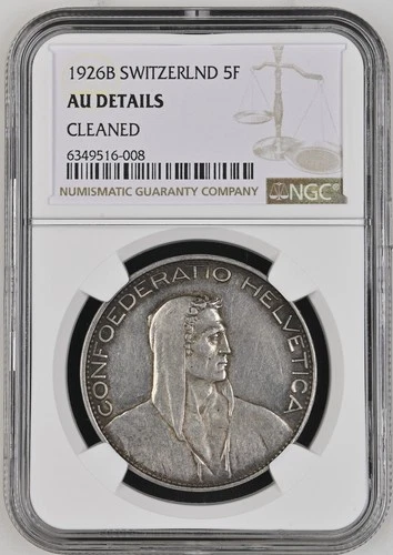 SWISS 1926 B Switzerland 5 Franc NGC AU Details - Silver Coin KM # 38