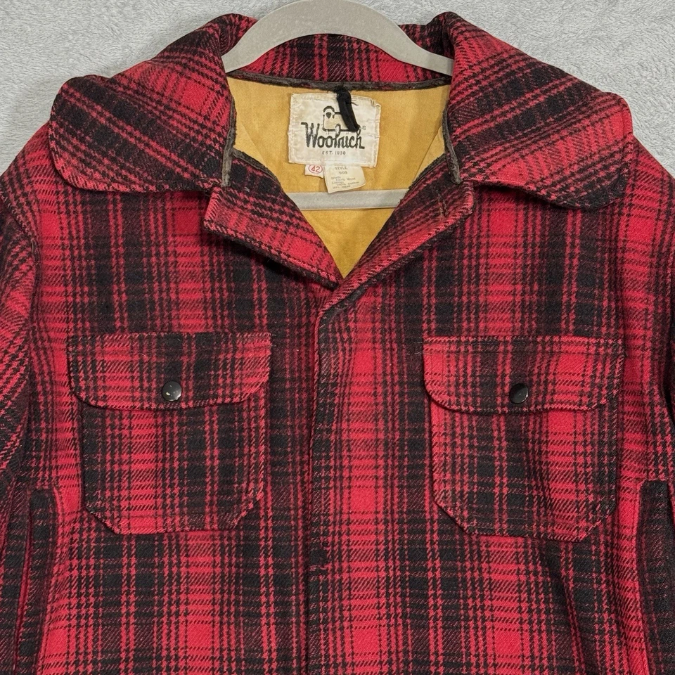 Woolrich 503 Vintage Red Black Plaid 100% Wool Hunting Jacket Mens Size 42 USA - Image 2 of 4