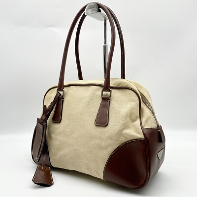 Prada Tote Bag Bowling bag Bowler boston Beige Canvas Leather Y2K 