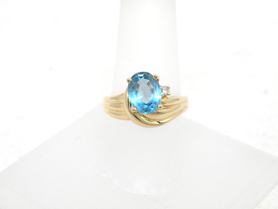 14k Yellow Gold, Genuine Oval cut Blue Topaz, Diamond Ring,  Size 6.5