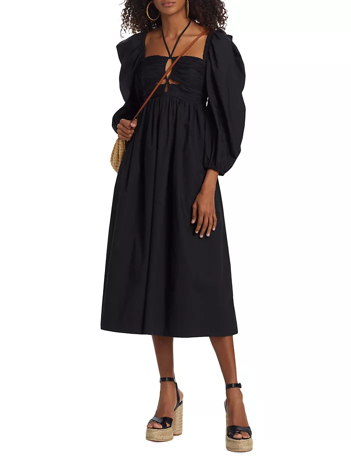 $590 ULLA JOHNSON Alessa Poplin Black Ruched Puff Sleeve Midi Dress-2 NWOT