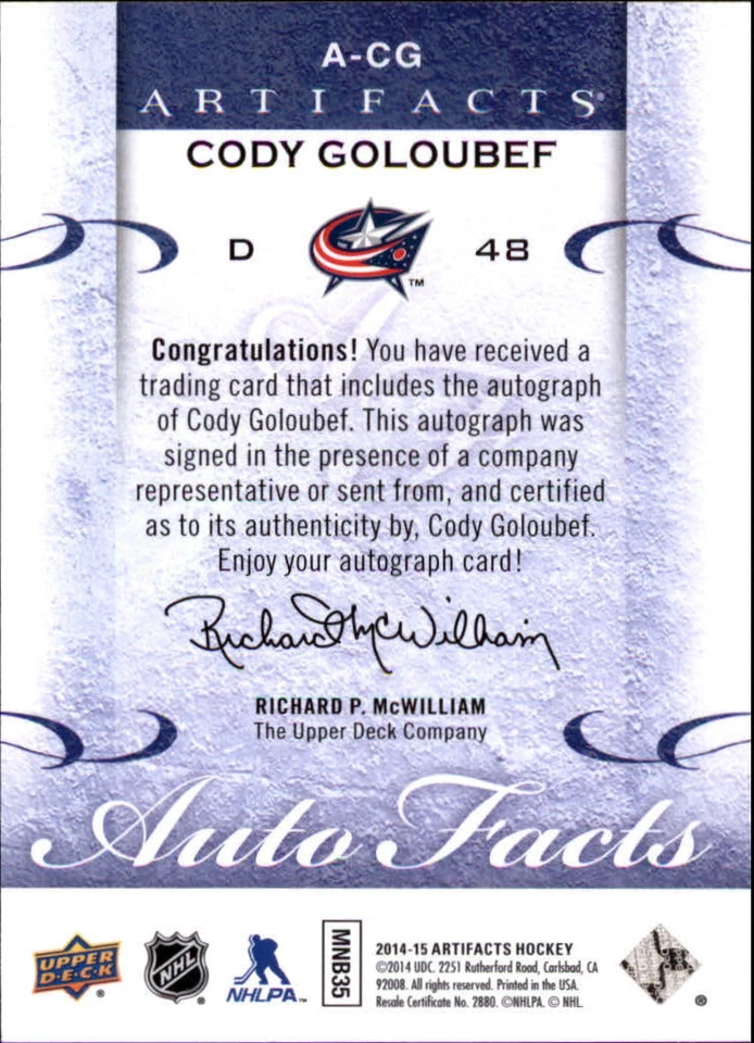 2014-15 Artifacts Autofacts #ACG Cody Goloubef AUTO - Image 2 of 2