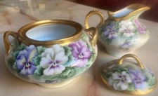 ANTIQUE LIMOGES FRANCE CREAMER & SUGAR 3 pc PURPLE FLOWERS MARKED PL SIGN ARTIST