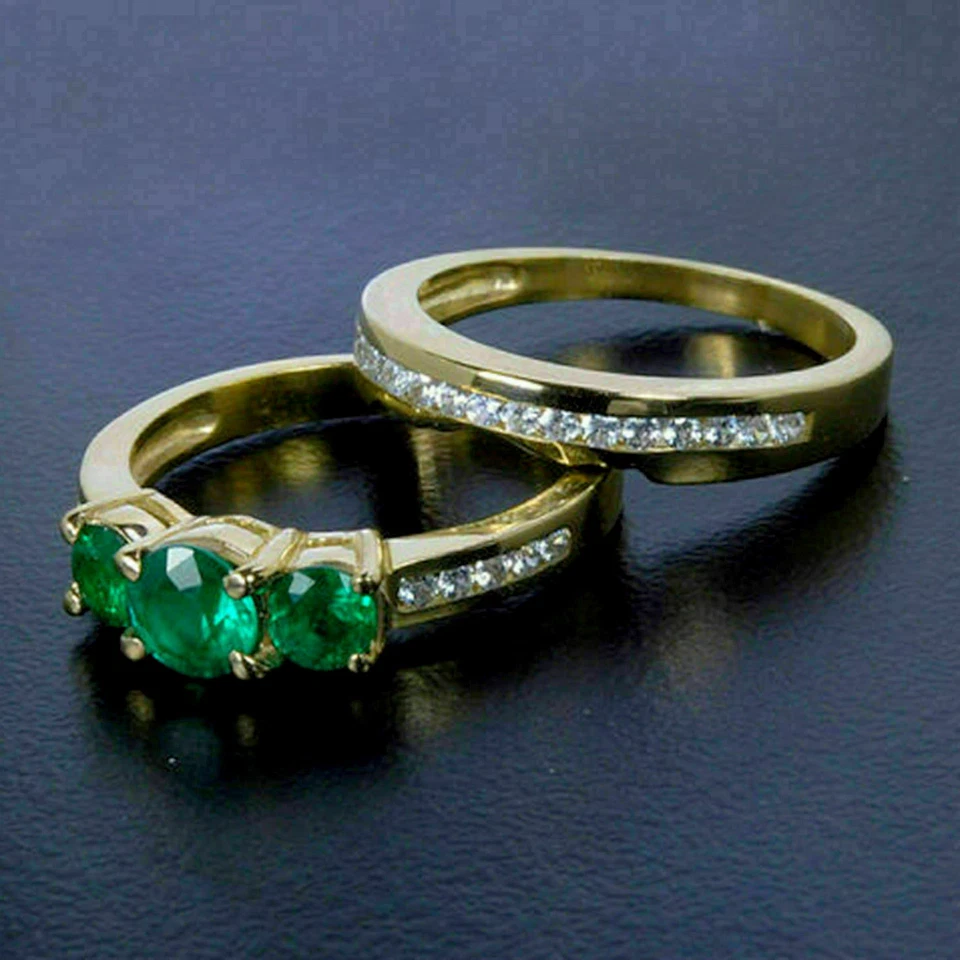Комплект круглых имитируемых свадебных колец из трех изумрудов 3,0 карата серебро 925 позолота - Изображение 2 из 4