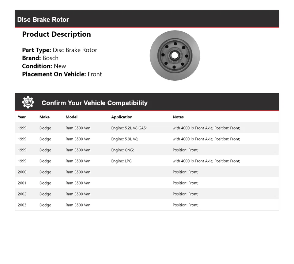 For 1999-2003 Dodge Ram 3500 Van Bosch QuietCast Disc Brake Rotor Front 2000 - Image 2 of 4
