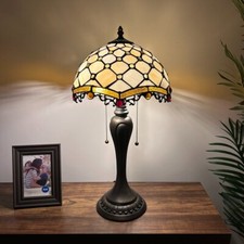 Tiffany Style Table Lamp Beige Stained Glass Crystal Bean LED Bulbs Include 22  H