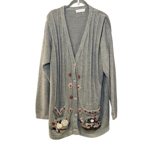 Vintage 90s Floral Cardigan Grey Cottage Granny Garden Embroidered Long Buttons