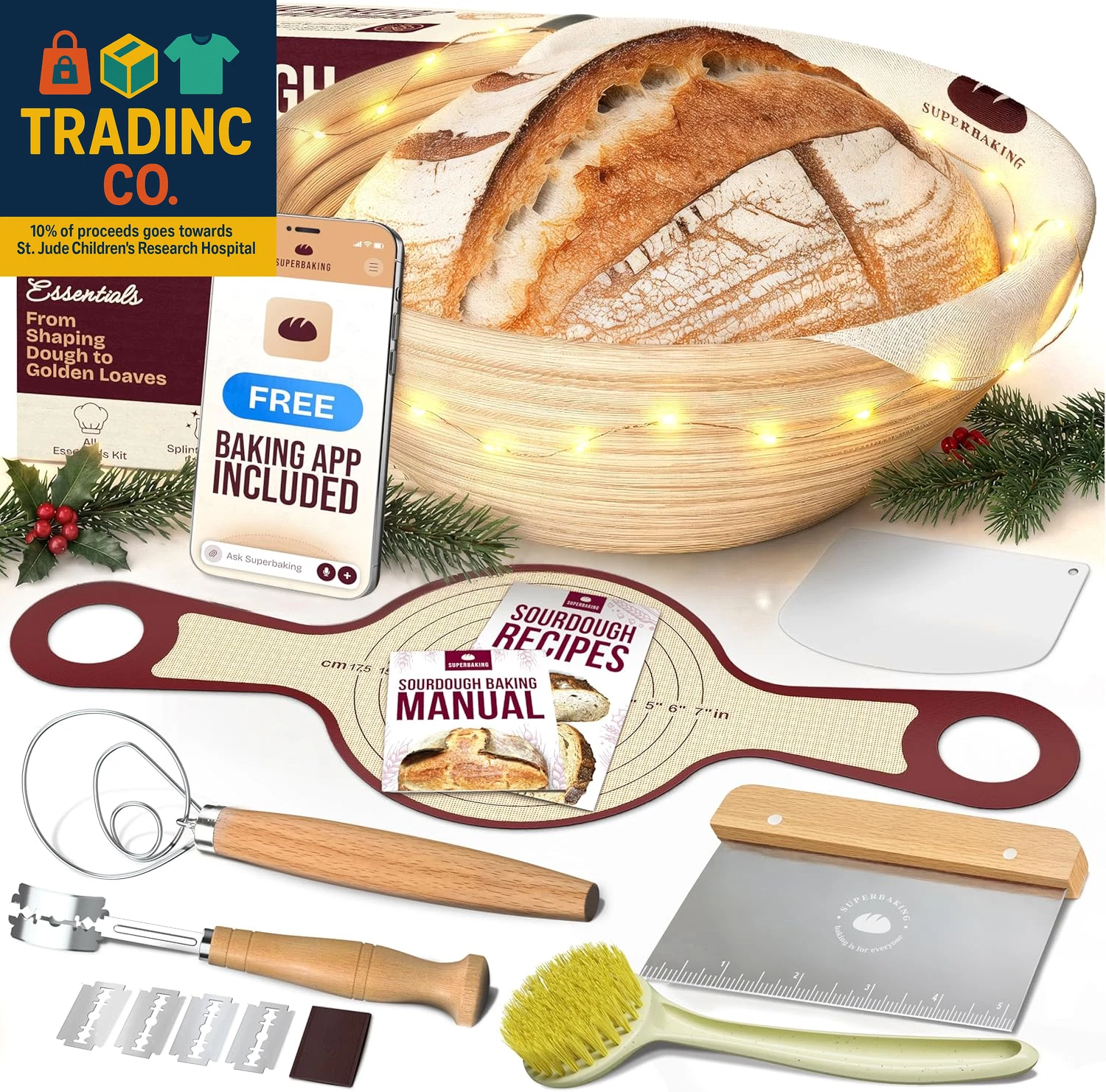 Banneton Bread Proofing Basket Set with Silicone Dough Sling, 9" Splinter-Free P