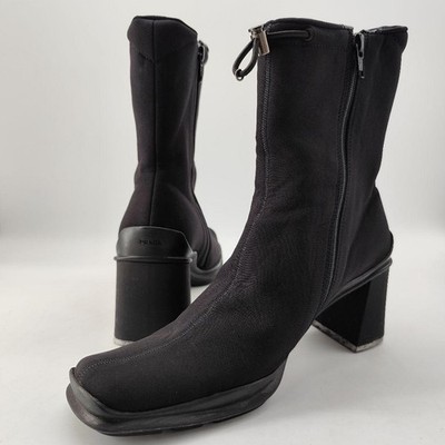 PRADA Vintage Square Toe Chunky Heel Short Boots 24cm Black Women