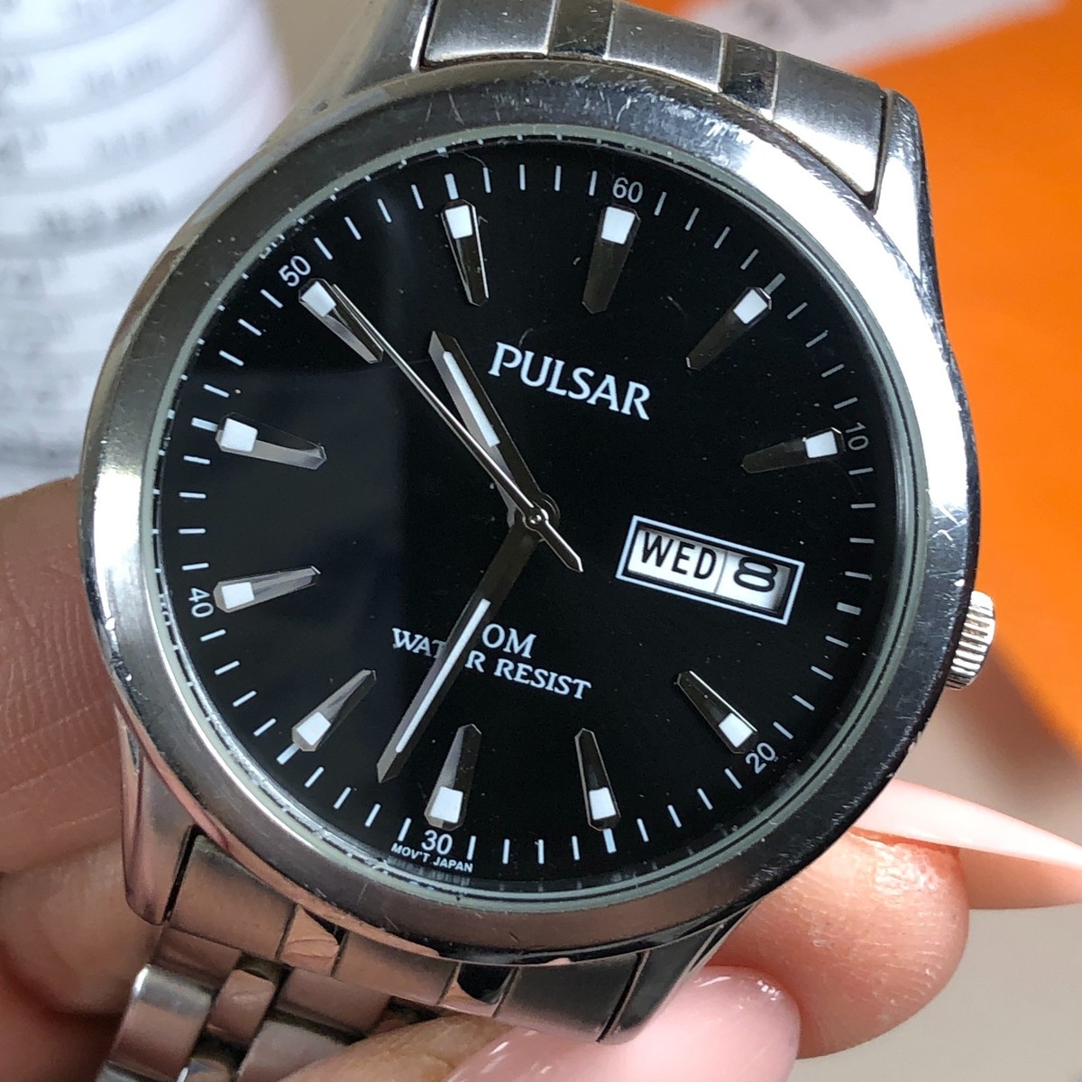 Pulsar Men VX43-X068 Dress Day Date Silver Tone Quartz Analog 38mm