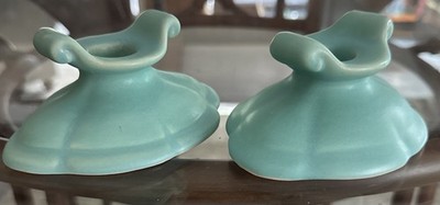 Weller Pottery Green Candleholder Pair, Signed Weller Pottery B-1 Since 1872