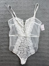 Auden Womens Large White Crochet Lace Sleeveless V-Wire Lingerie Bodysuit