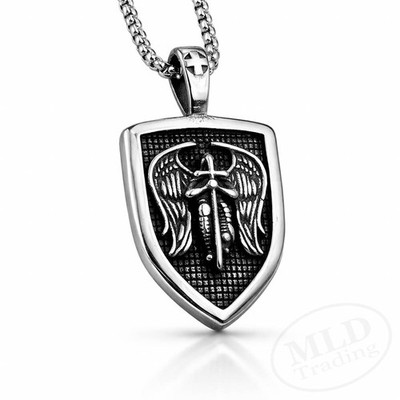 Saint St Michael Shield Pendant Necklace   Stainless Steel Archangel Protection