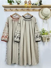 Crew Neck Embroidery Long Sleeve Loose Ethnic Cotton Linen Long Dress Retro Robe