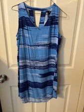 Gap Women XS Blue Abstract Stripe Sleeveless Shift Dress V-Neck Keyhole Bac