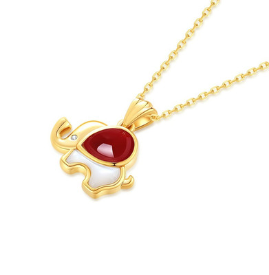 18K Gold Cute Baby Elephant Red Onyx Pendant Necklace Gift YG